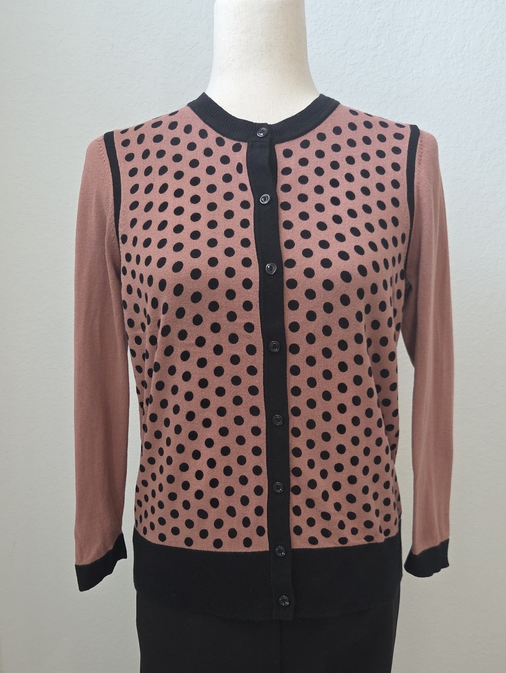 Loft Antique Pink Black Polka Cardigan Sweater 100% Pima Cotton Classic Med